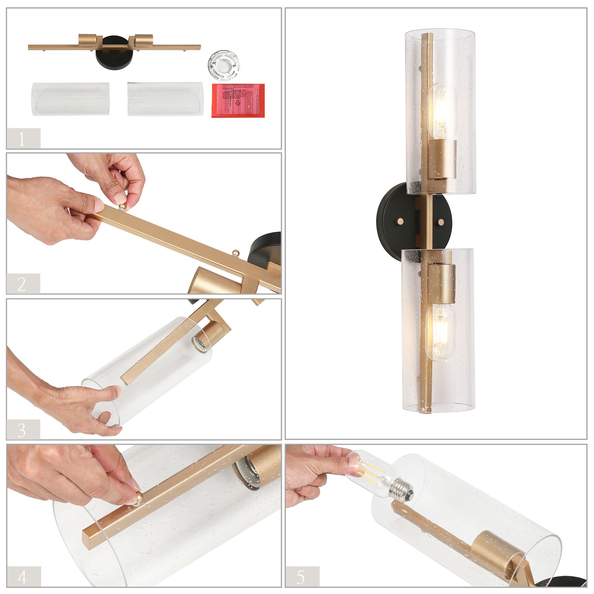 Image 6 21.3" Wide Black & Brass Tube-Shaped Vanity Light with Seeded Glas more views