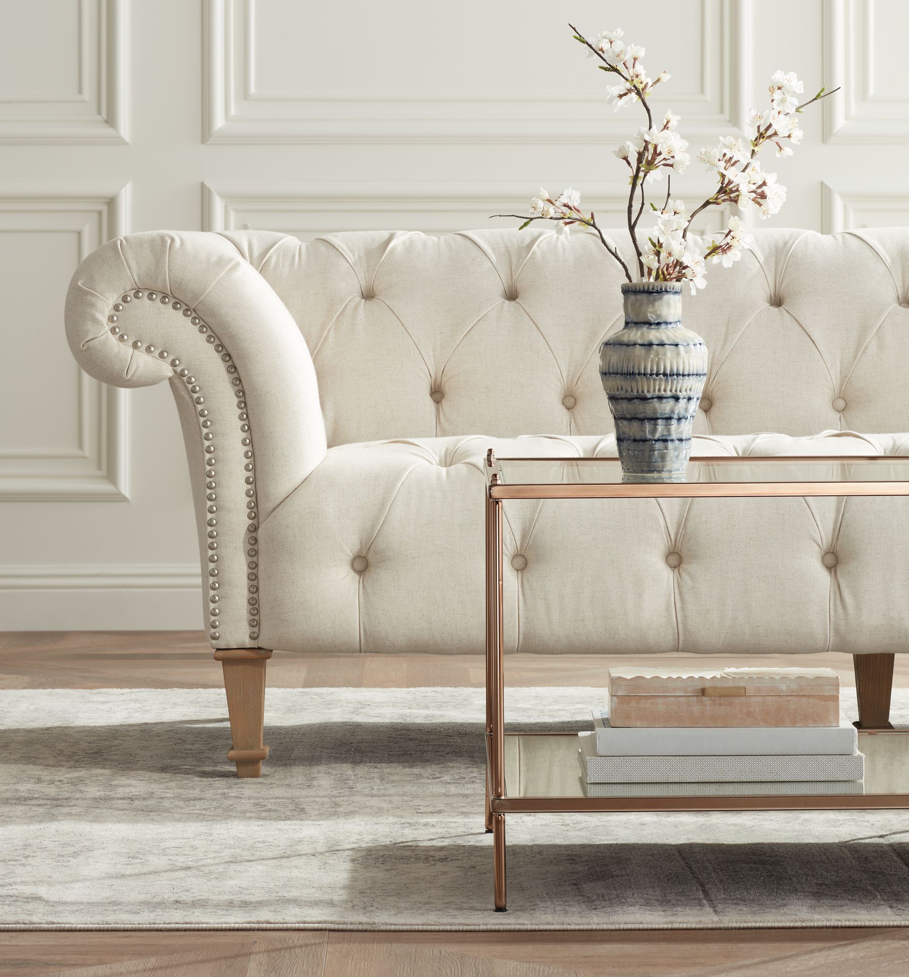 55 Downing Street Tessa 90 3/4" Wide Tufted Beige Linen French Sofa in scene