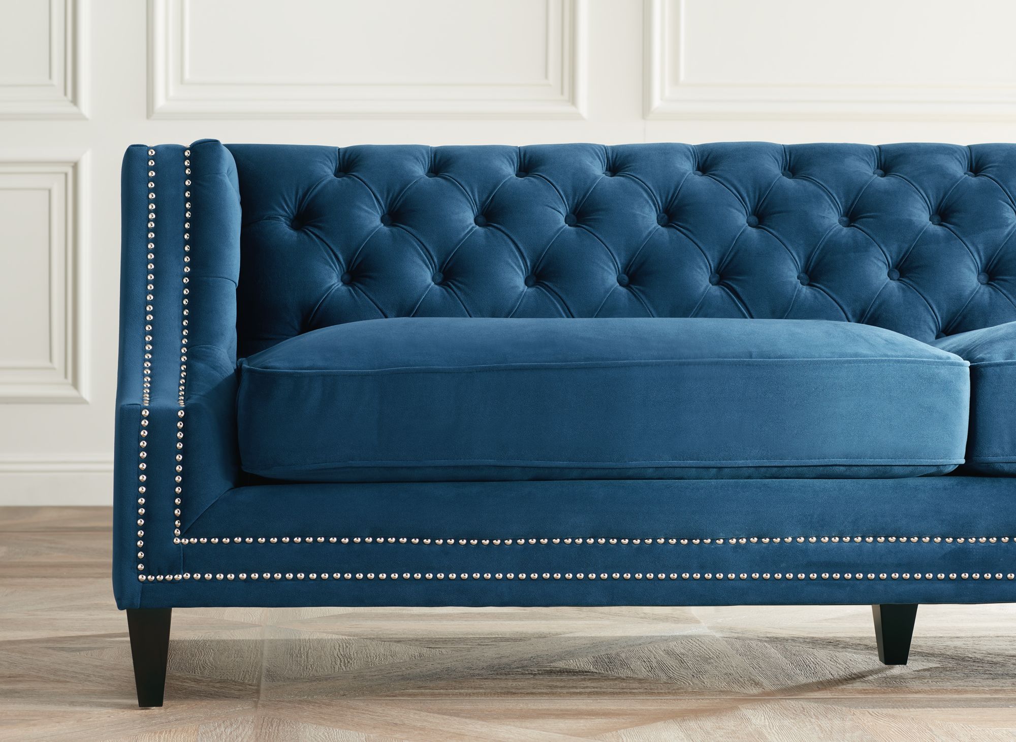 55 Downing Street Marilyn 93" Wide Blue Velvet Tufted Upholstered Sofa in scene