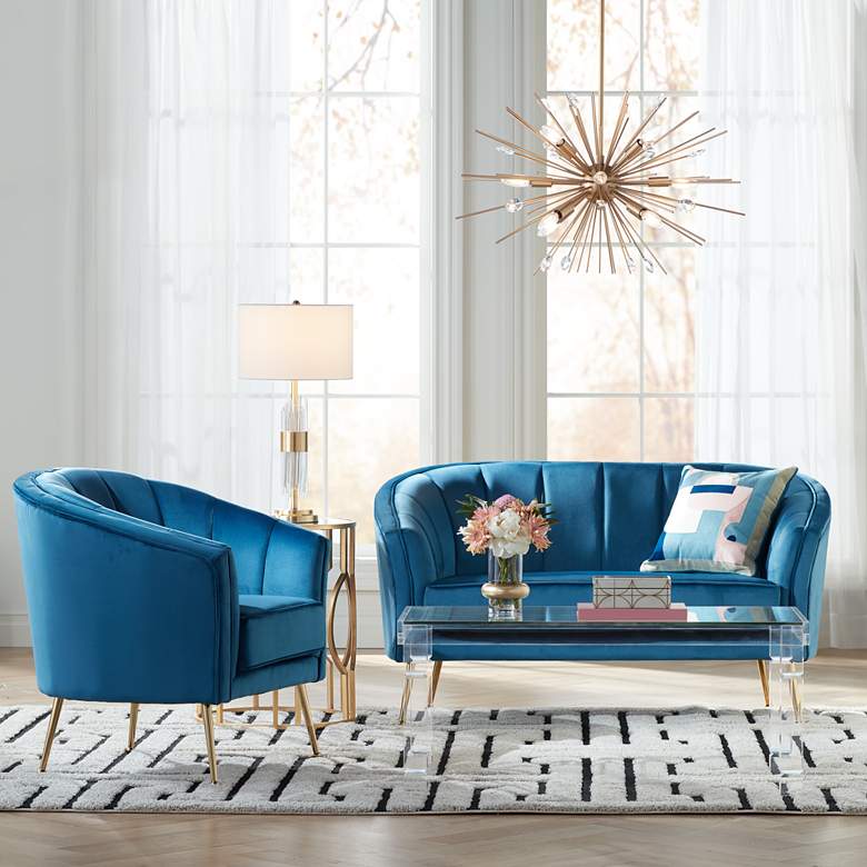Leighton Blue Velvet and Gold Tufted Accent Chair in scene