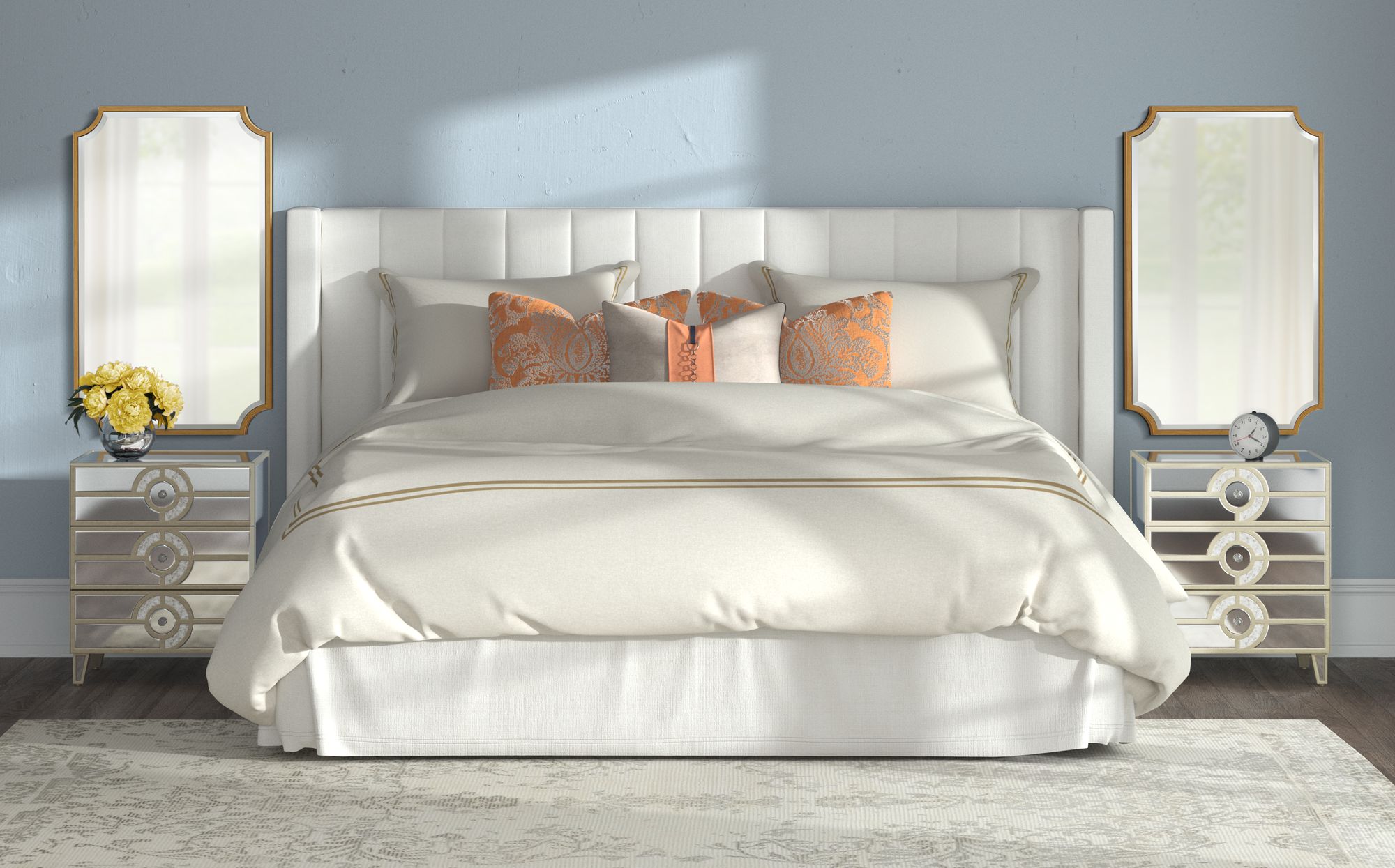 Trent Channel Tufted White Fabric King Hanging Headboard in scene