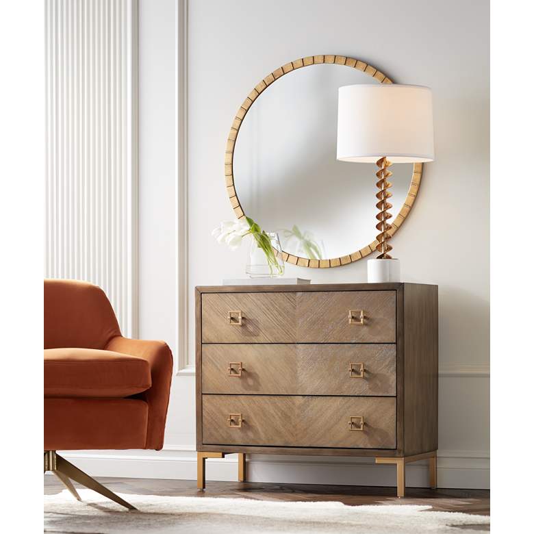 Image 1 Gracia Gold Leaf Post 34" Round Metal Framed Wall Mirror in scene