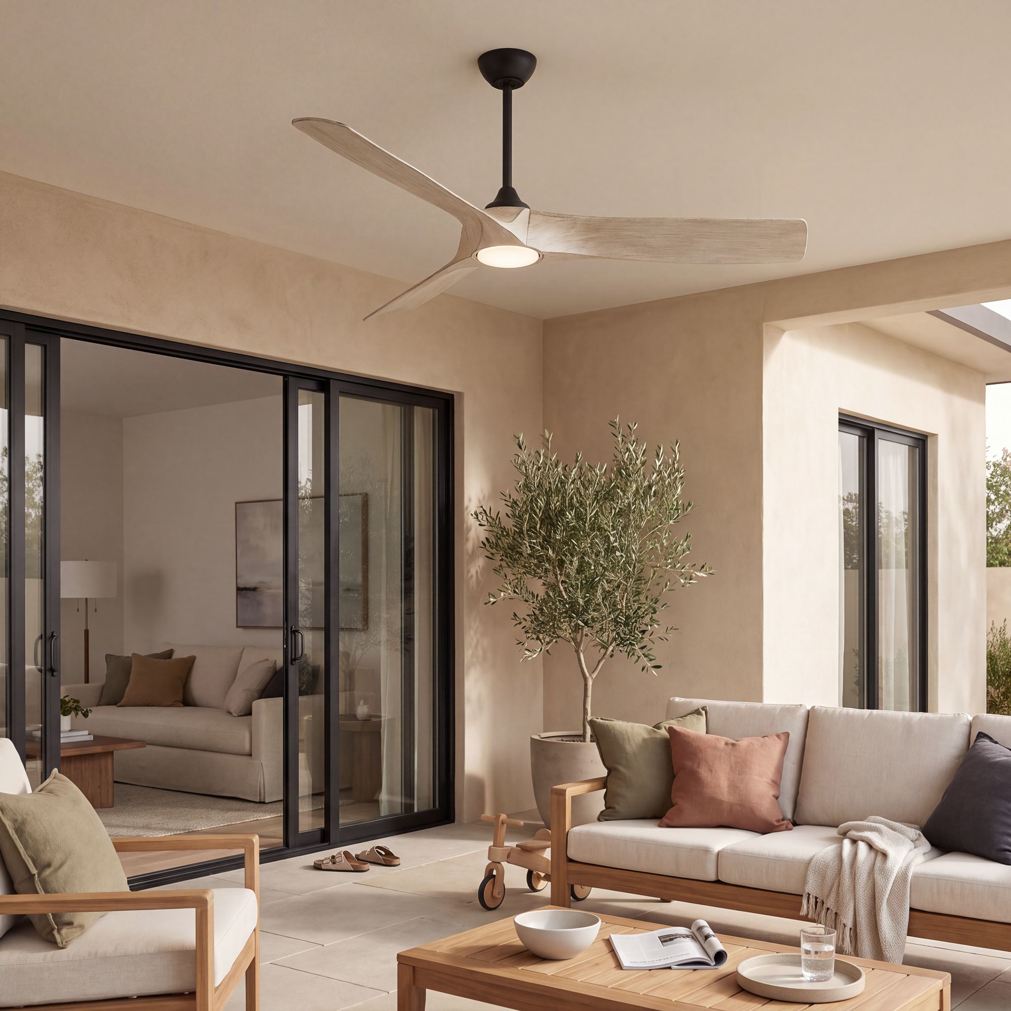 Image 1 54" Casa Vieja Kona Wind Matte Black and White Oak LED Ceiling Fan in scene