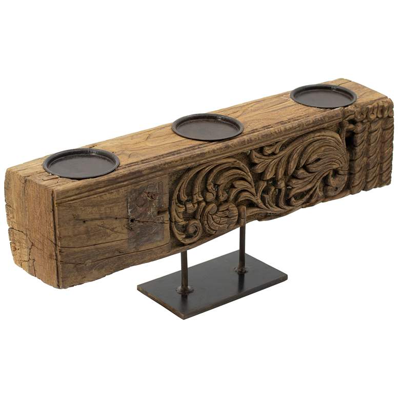 Image 1 22.4" Carved 3-Pillar Brown Candle Holder On Metal Stand