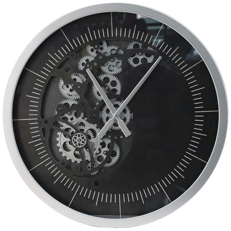 Image 1 22.8" Silver and Black Framed Gear Wall Clock