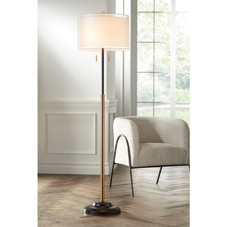 Image 1 Possini Euro Roxie 65 1/2" Double Shade Black and Gold Floor Lamp in scene
