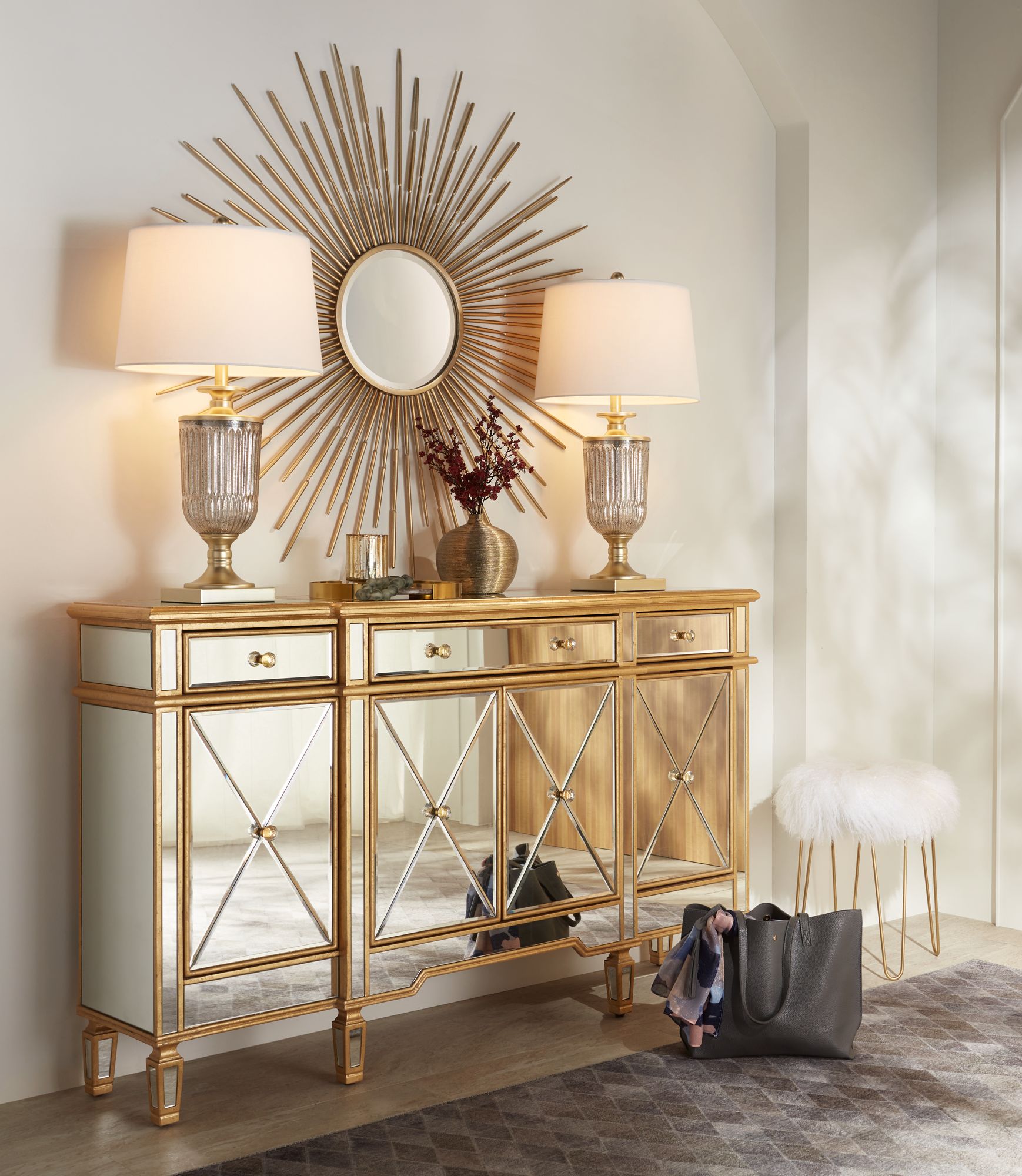 Golden Rays Gold Starburst 47" Round Oversized Wall Mirror in scene