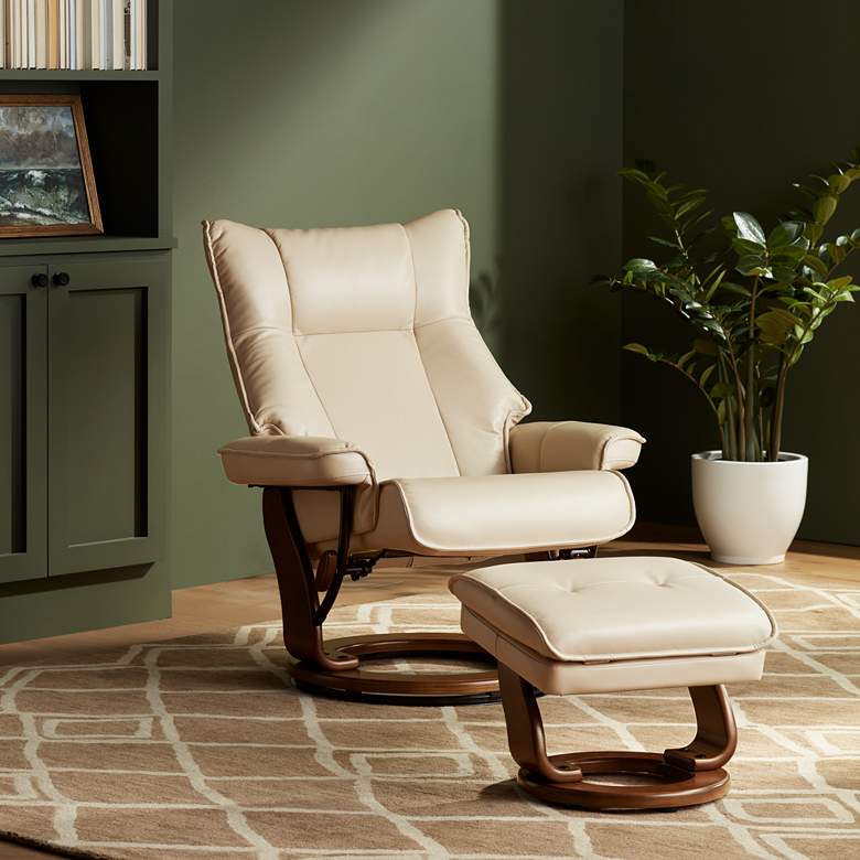 Image 1 Morgan Stucco Faux Leather Swiveling Recliner and Ottoman in scene