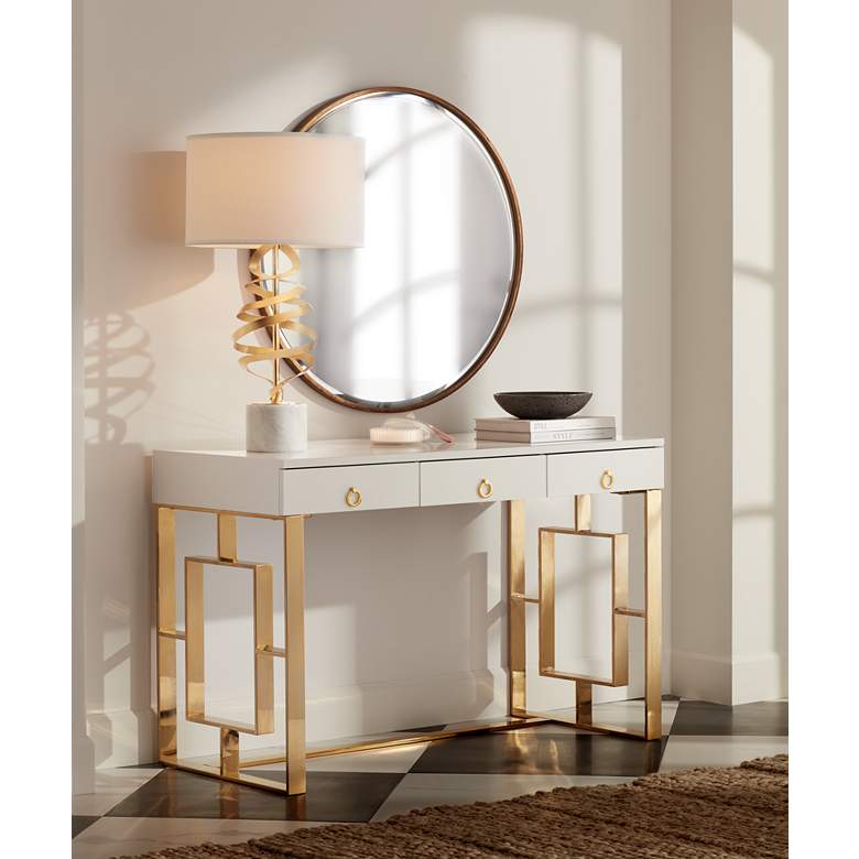 Image 1 Possini Euro Helix 30" Brass and White Marble Modern Lamp with Dimmer in scene