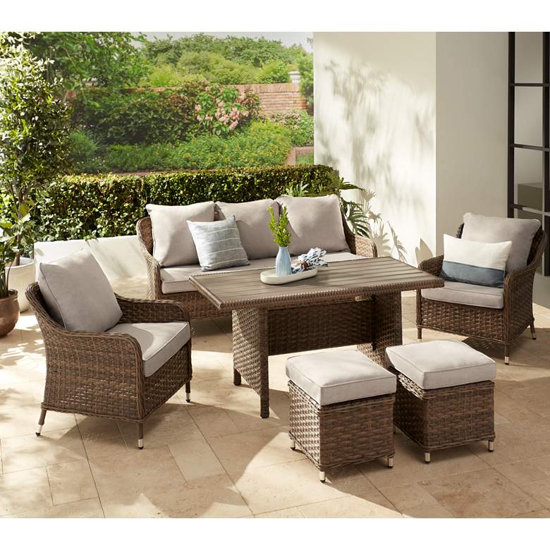 Image 1 Teal Island Woodlake 6-Piece Brown Wicker Outdoor Seating Set in scene