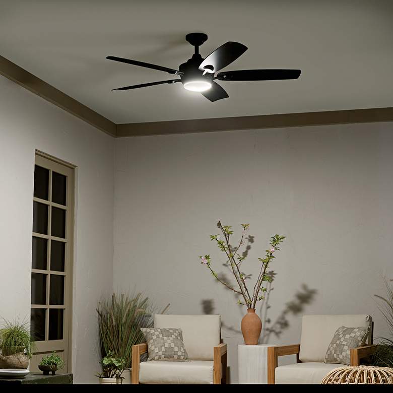 Image 1 56" Kichler Tranquil Satin Black LED Damp Ceiling Fan with Remote in scene