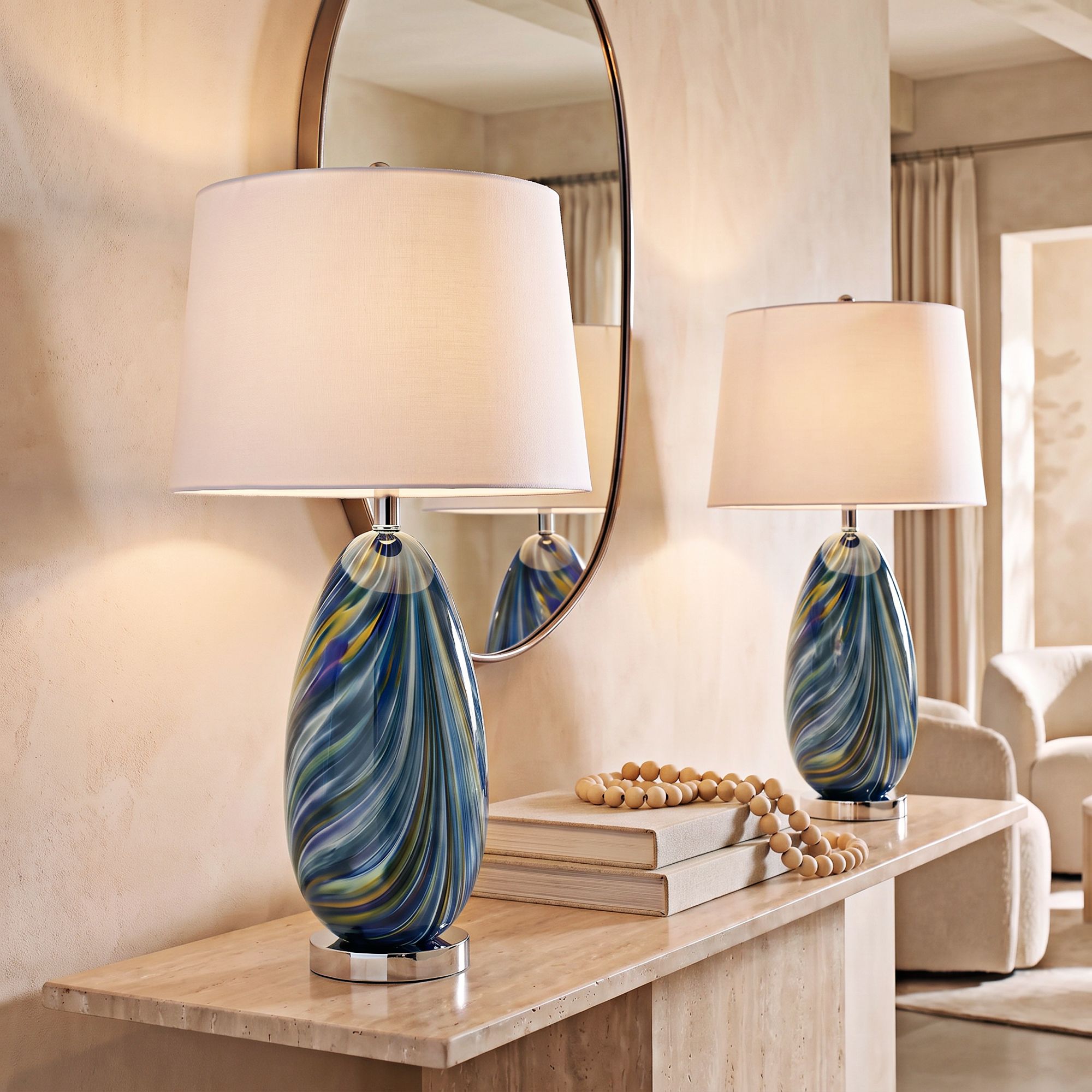 Image 1 Possini Euro Pablo 27" Modern Blue Art Glass Table Lamps Set of 2 in scene
