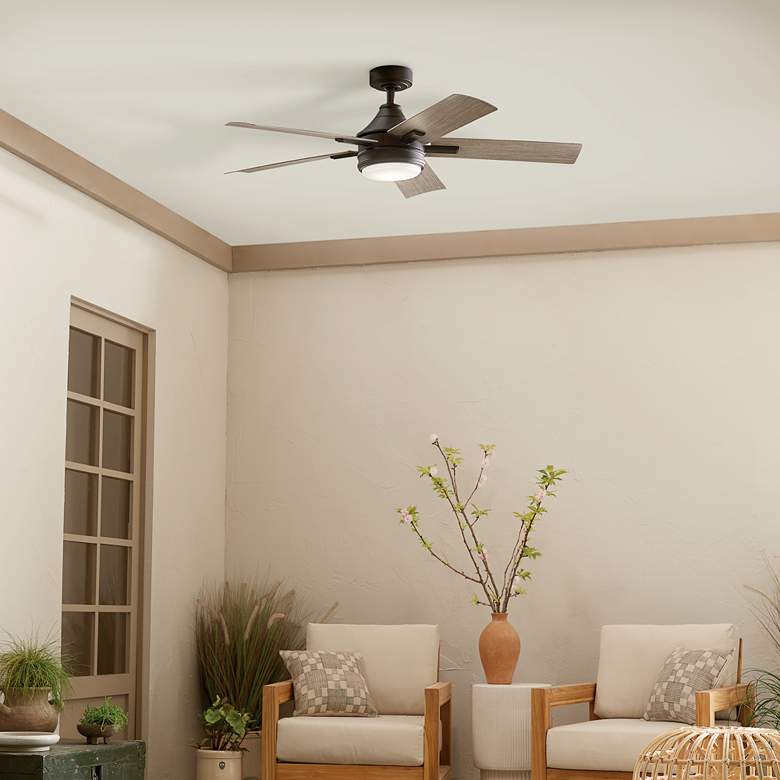 Image 1 52" Kichler Tide Weather+ Olde Bronze LED Wet Remote Ceiling Fan in scene