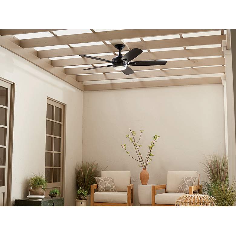 Image 1 56" Kichler Tranquil Weather+ Satin Black LED Wet Remote Ceiling Fan in scene