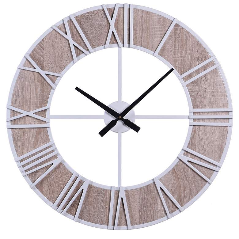 Image 1 23.6 inch Farmhouse Natural &#38; White Wall Clock With Window Pane Design