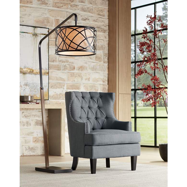 Image 1 Franklin Iron Works Bramble 71 inch Black with Faux Wood Modern Arc Lamp in scene