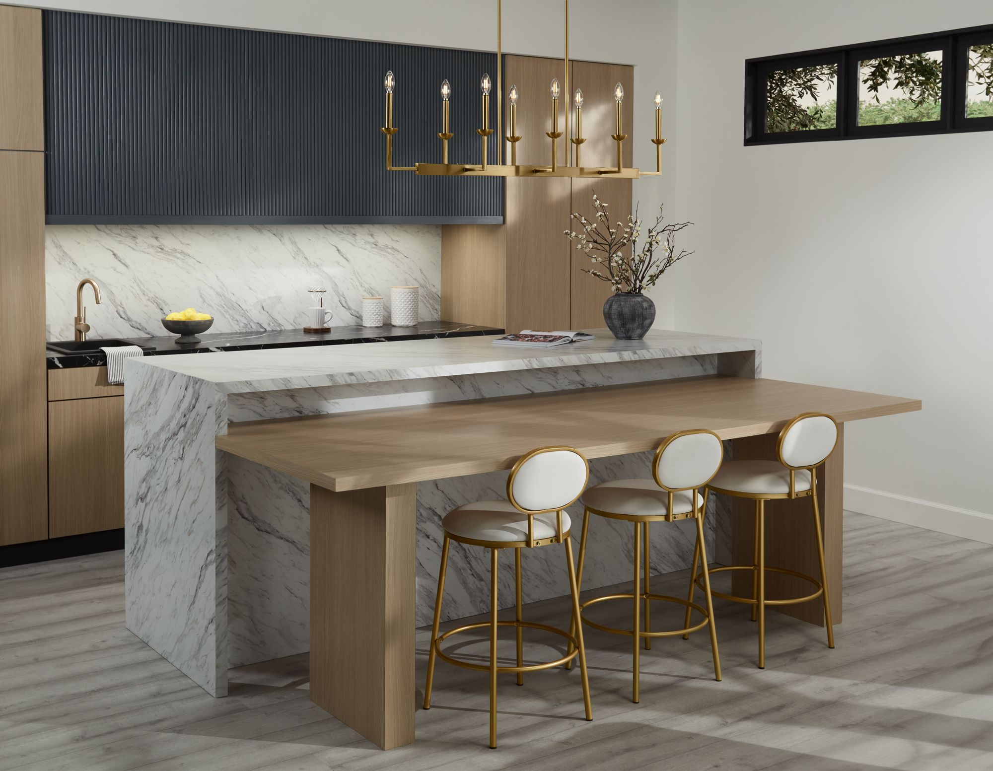 Possini Euro Kime 50" Gold 8-Light Modern Trestle Linear Chandelier in scene