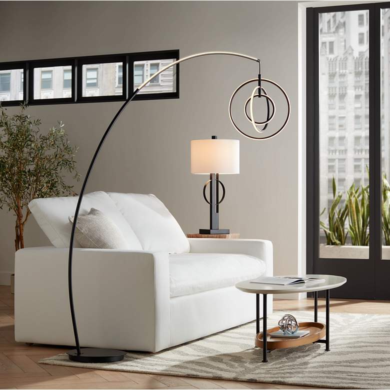 Image 1 Possini Euro Allura Black 79" High 3-Ring LED Modern Arc Floor Lamp in scene
