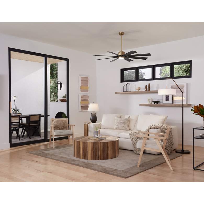 Image 1 60" Possini Defender Soft Brass/Black Damp LED Ceiling Fan with Remote in scene