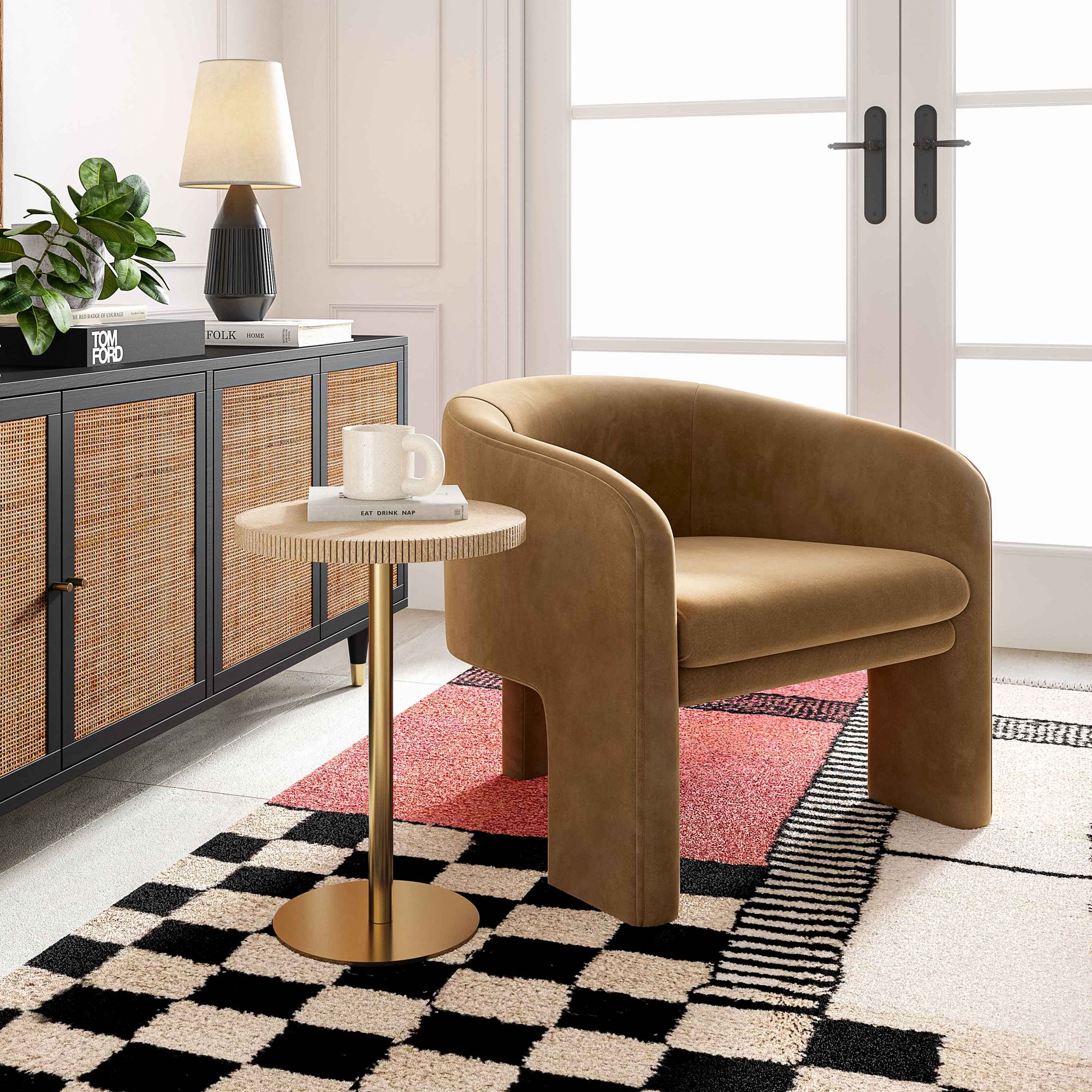 Image 1 TOV Fiona 16" Wide Modern Gold and Natural Marble Drink Side Table in scene