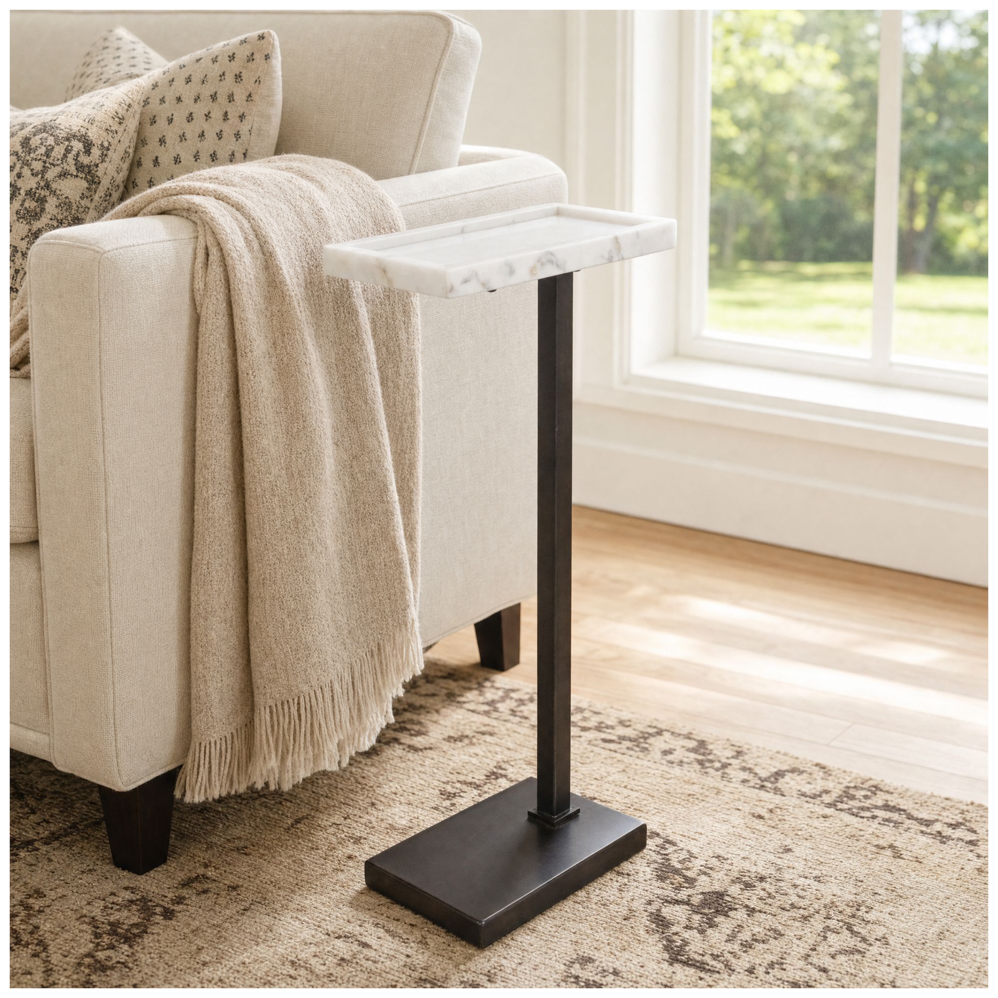 24" High Dark Bronze Metal with White Marble Top Accent Table