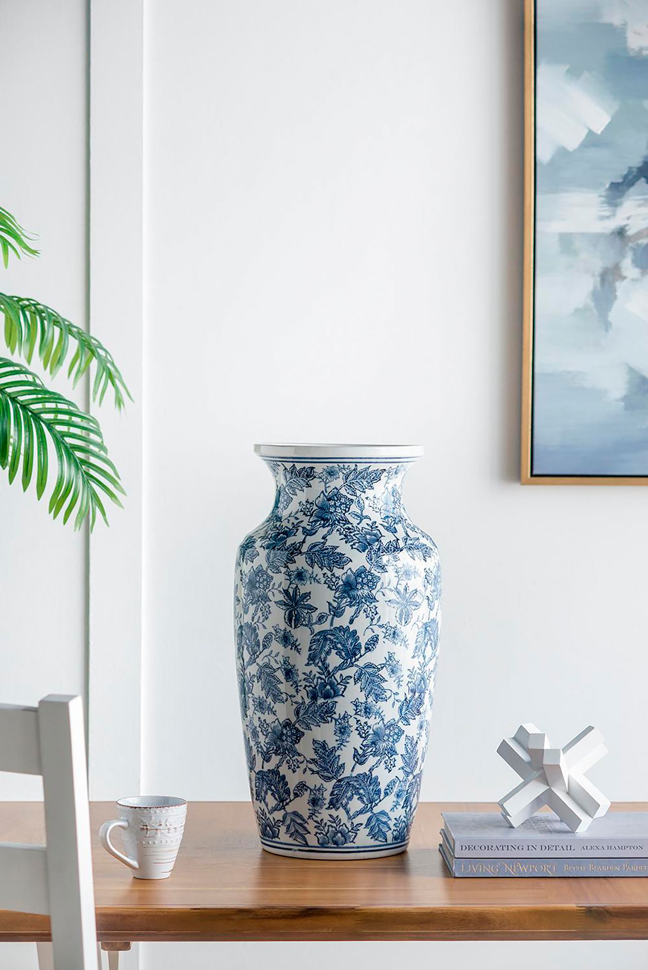 24" High Blue and White Chinoiserie Urn-Shaped Vase