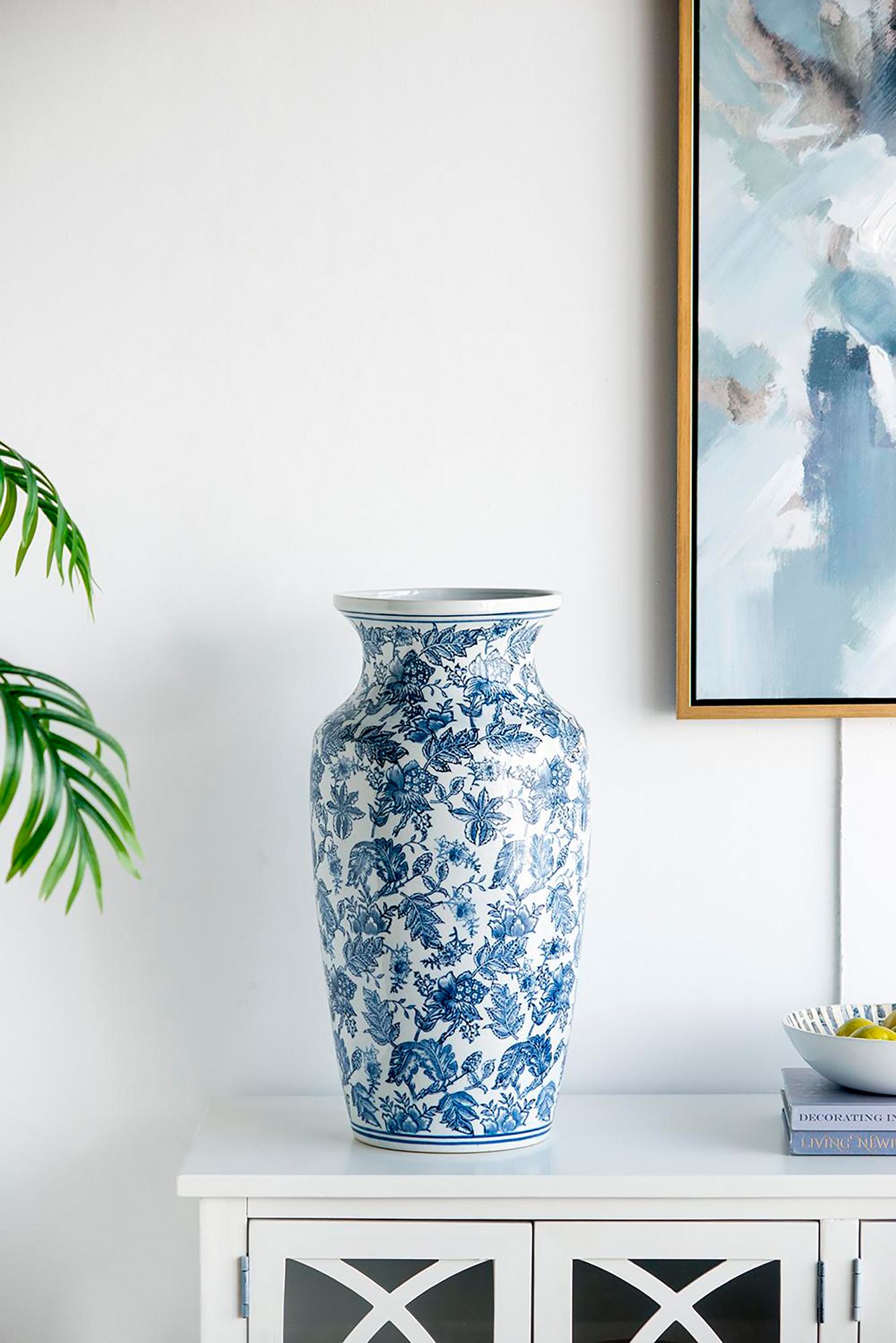 24" High Blue and White Chinoiserie Urn-Shaped Vase