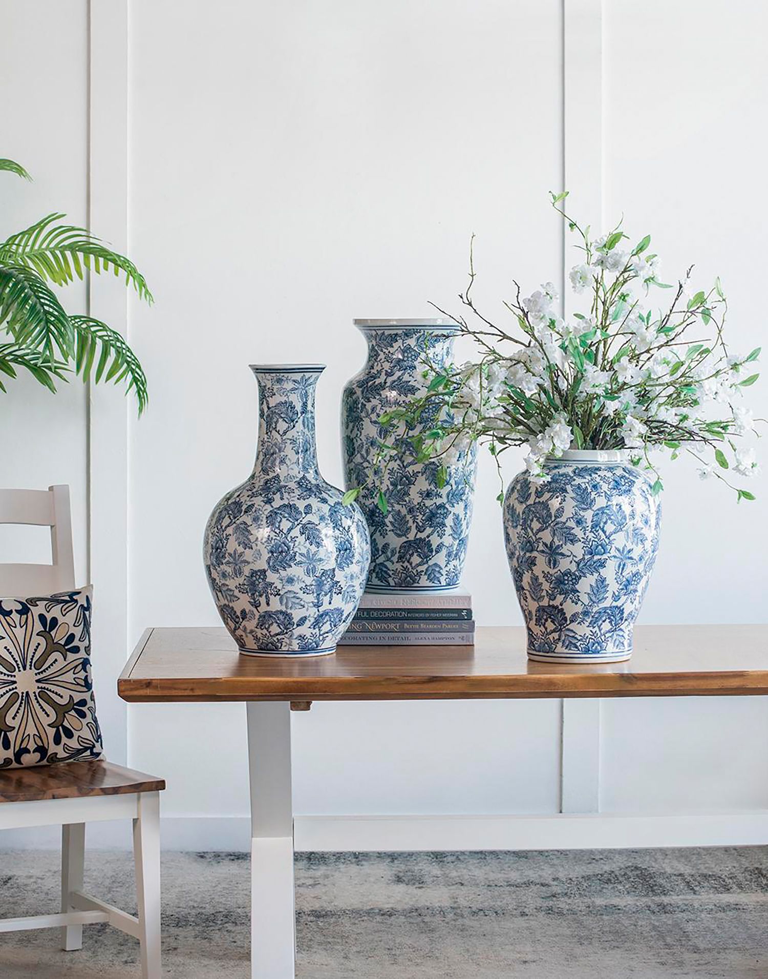 24" High Blue and White Chinoiserie Urn-Shaped Vase