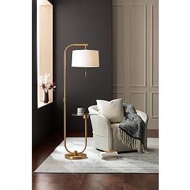 Image1 of Possini Euro Volta Brass Finish Glass Tray Table USB Floor Lamps Set of 2 in scene