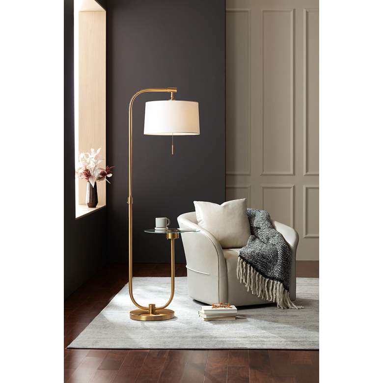 Image 1 Possini Euro Volta Brass Finish Glass Tray Table USB Floor Lamps Set of 2 in scene