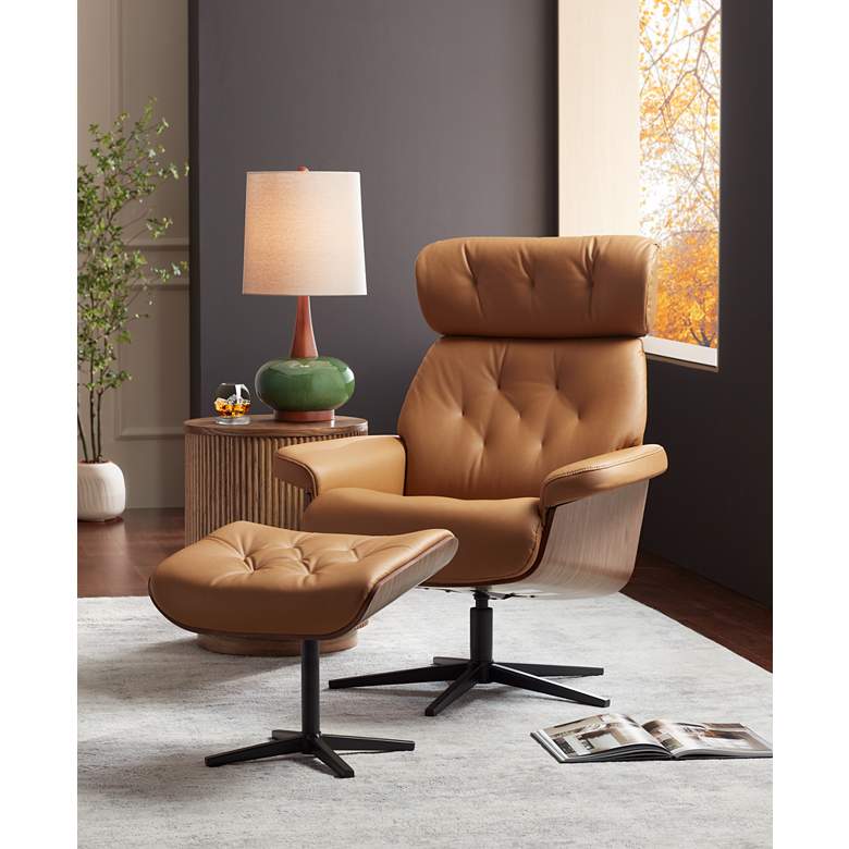Image 1 Melia Cognac Tan Tufted Faux Leather Swivel Recliner and Slanted Ottoman in scene