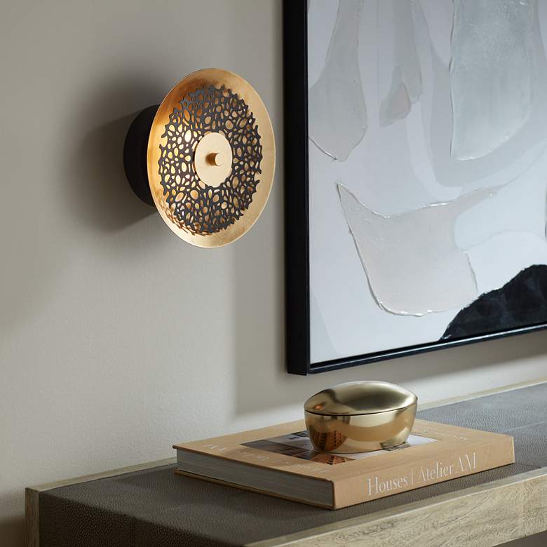 Image 1 Possini Euro Kora 8 1/2" High Black and Gold Leaf LED Wall Sconce in scene