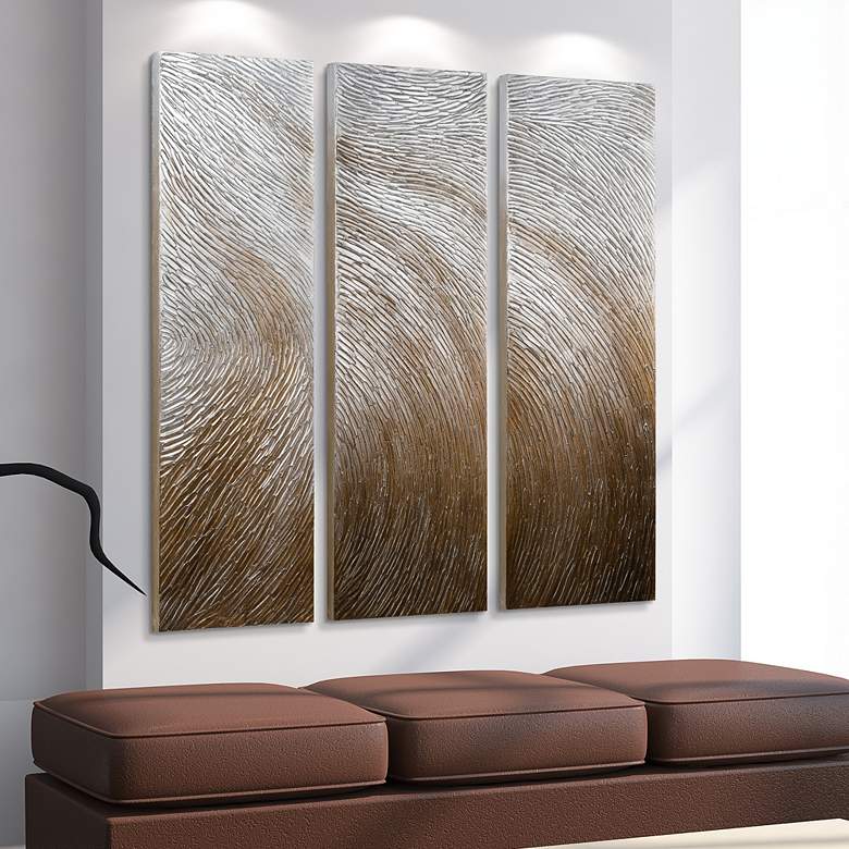 Image 1 Gold Waves 60" High Metallic 3-Piece Canvas Wall Art Set in scene