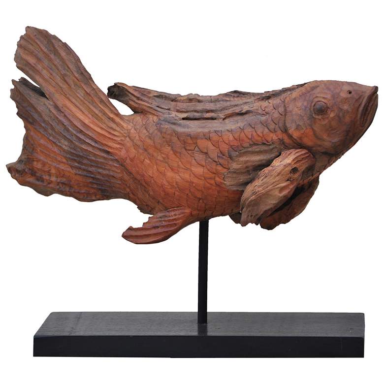 Image 1 25" Brown Dragon Koi Teak Wood Sculpture