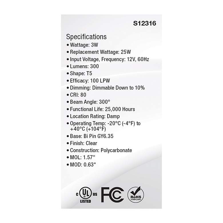 Image 5 25 Watt Equivalent Satco Clear 3W LED Dimmable GY6.35 Bulb more views