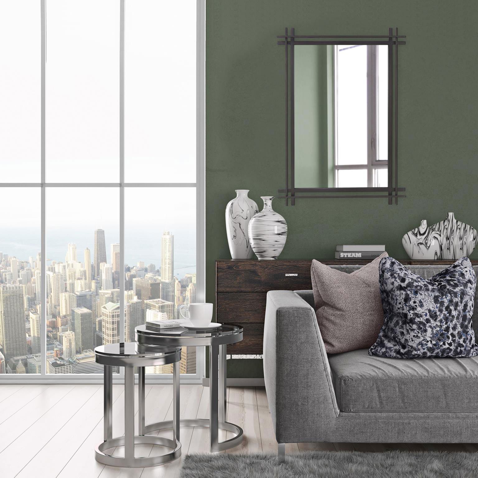 Image 1 Howard Elliott Gray Rectangular Iron Frame Clarke Wall Mirror in scene