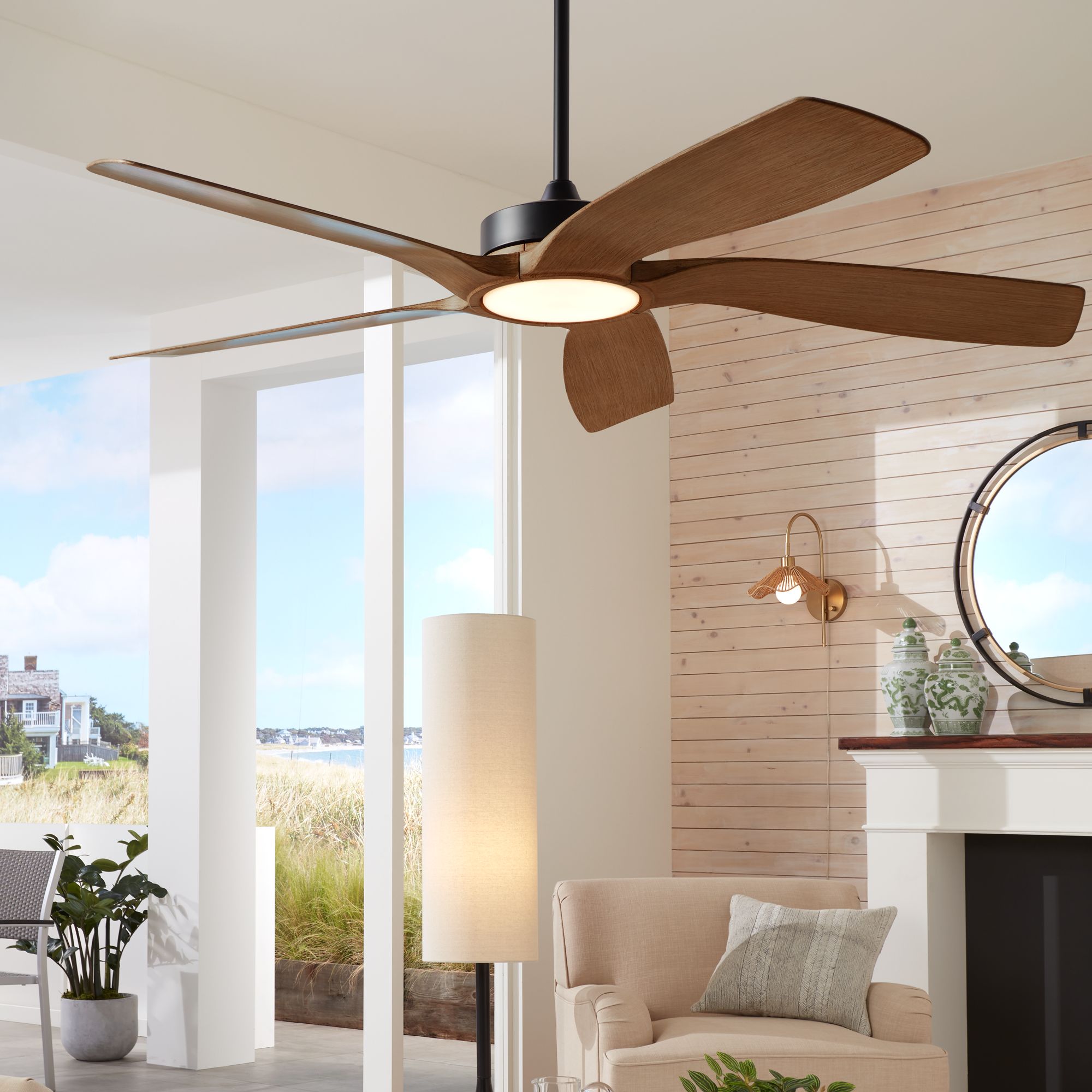 Image 1 56" Casa Vieja Mach-5 Bronze and Koa LED Damp Ceiling Fan with Remote in scene