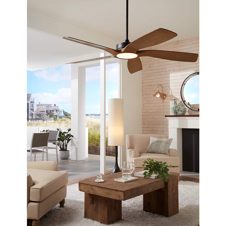 Image 1 56" Casa Vieja Mach-5 Bronze and Koa LED Damp Ceiling Fan with Remote in scene