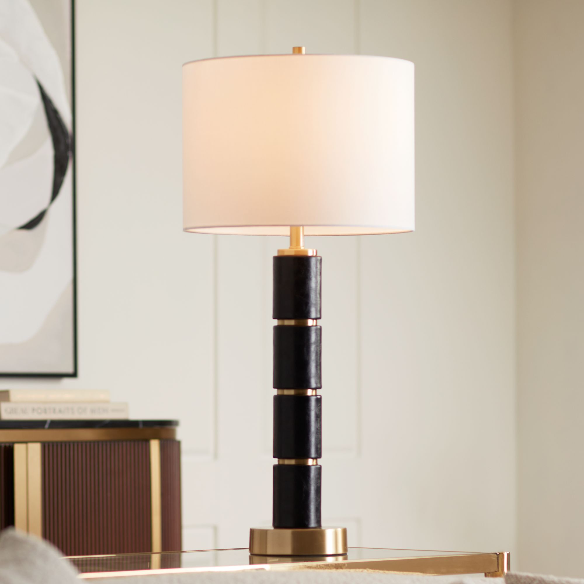 Image 1 Possini Euro Rainier 30 1/2"H Black Faux Leather Column Table Lamp in scene