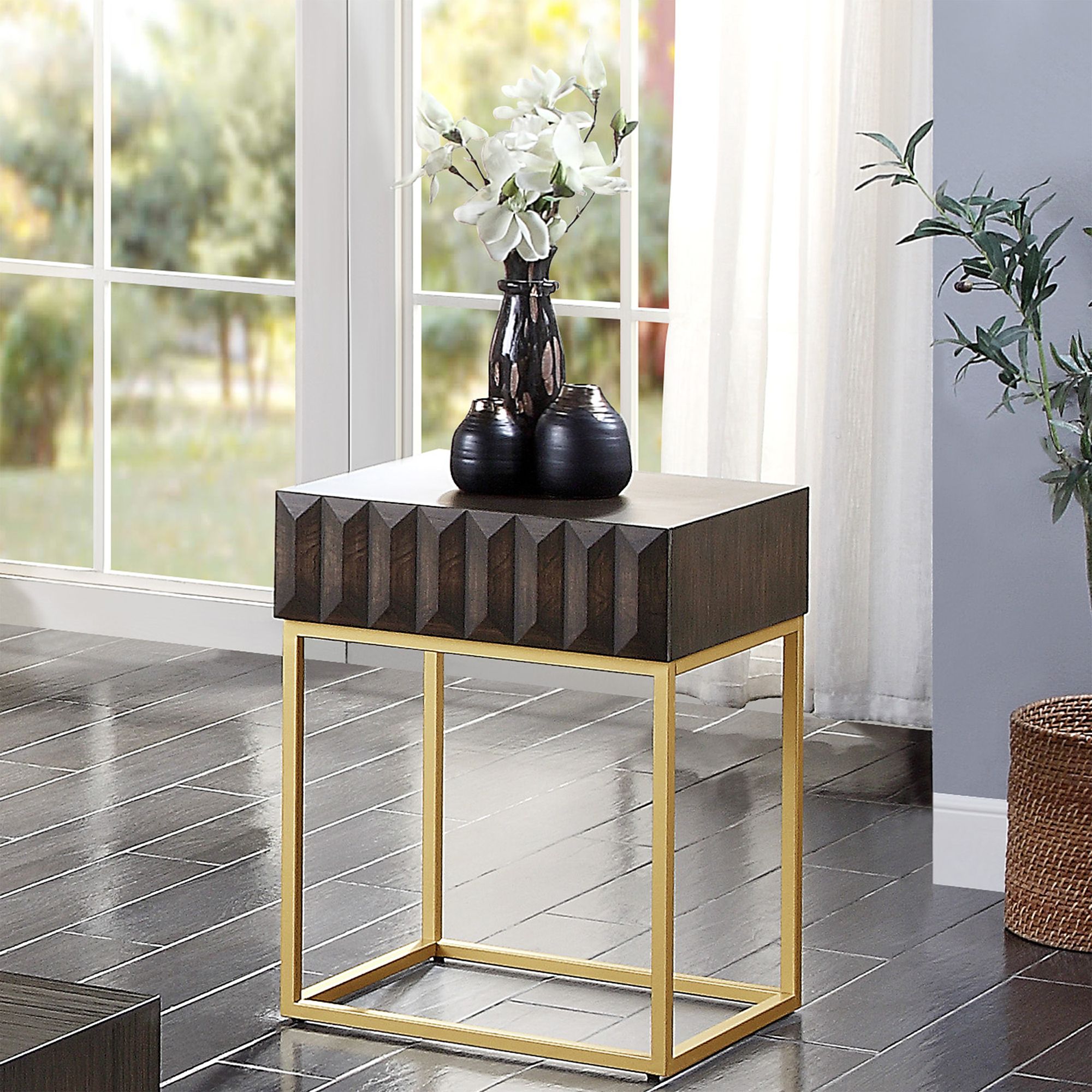 Image 1 Gilhame 19"W Walnut Wood Gold Metal Rectangular Side Table in scene