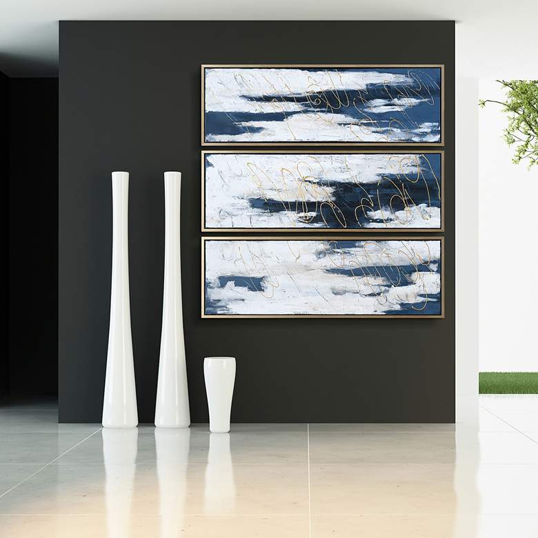 Image 1 Blue Shadows 60" High 3-Piece Framed Canvas Wall Art Set in scene