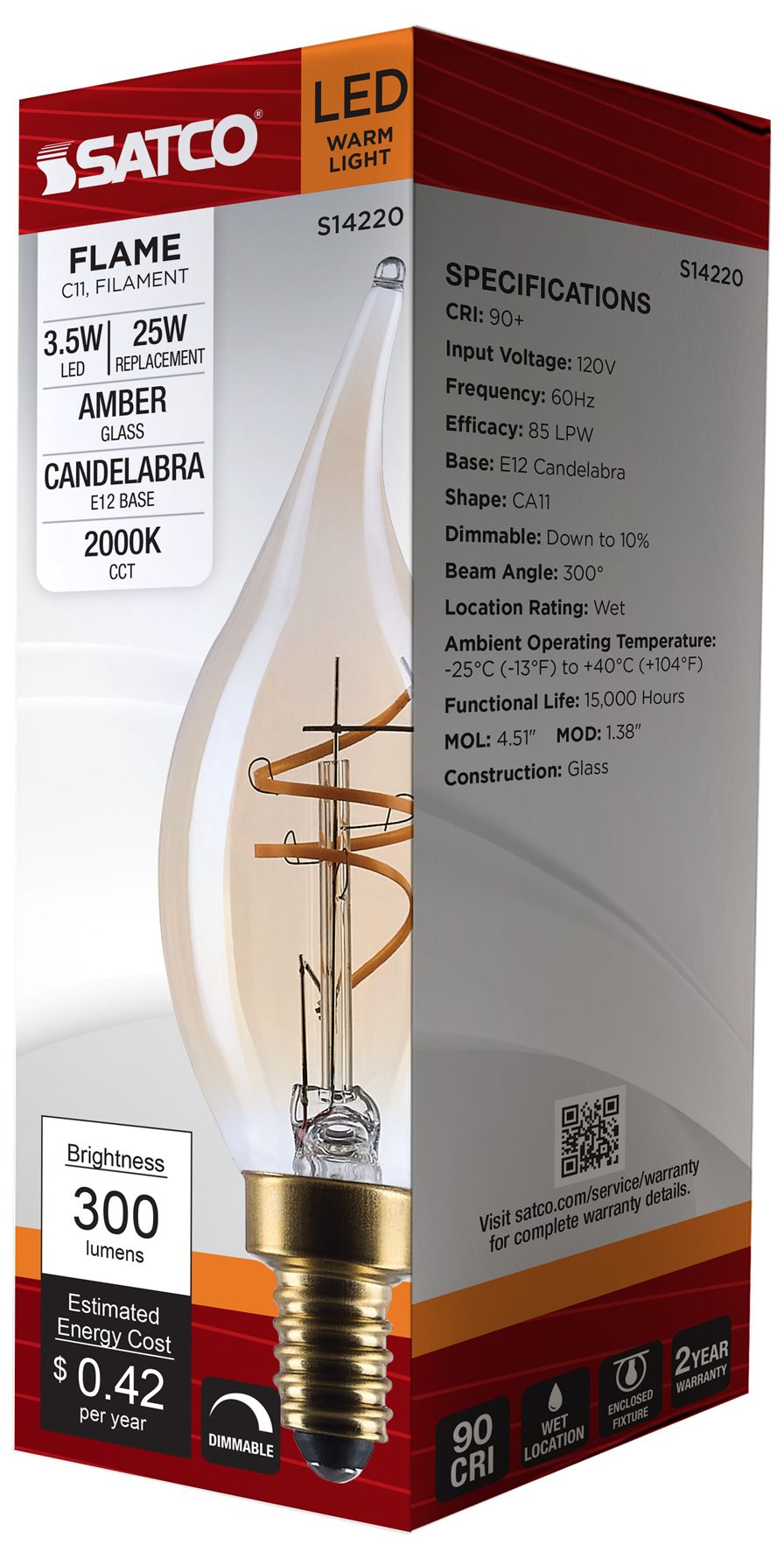 25W Equivalent 3.5W LED Dimmable Clear Candelabra Bulb by Satco