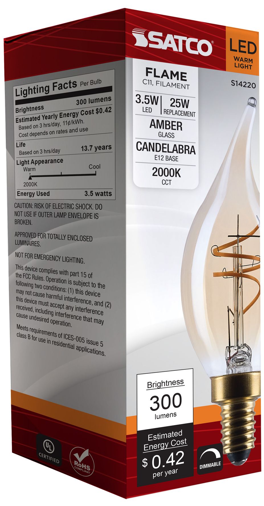 25W Equivalent 3.5W LED Dimmable Clear Candelabra Bulb by Satco