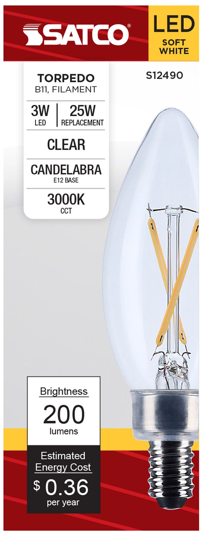 Image 4 25W Equivalent 3W Dimmable LED Filament B11 Bulb by Satco more views