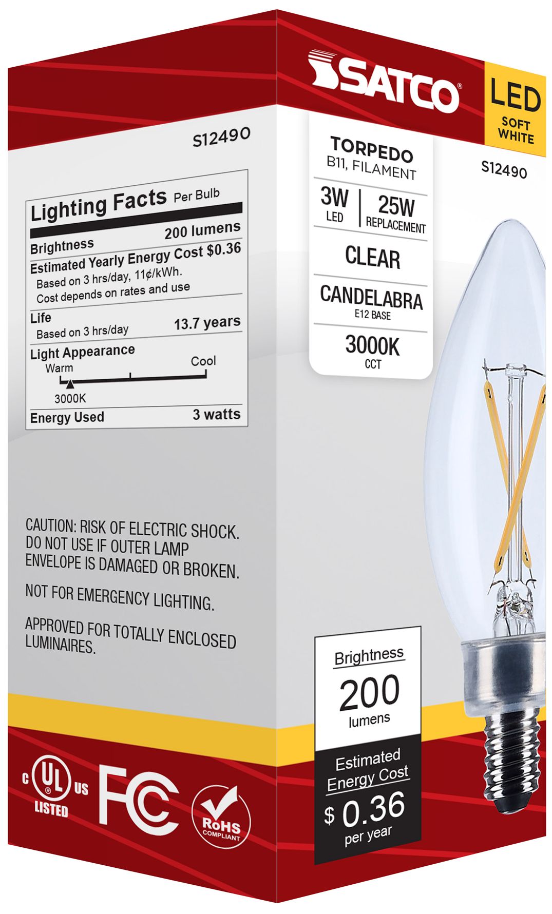 25W Equivalent 3W Dimmable LED Filament B11 Bulb by Satco