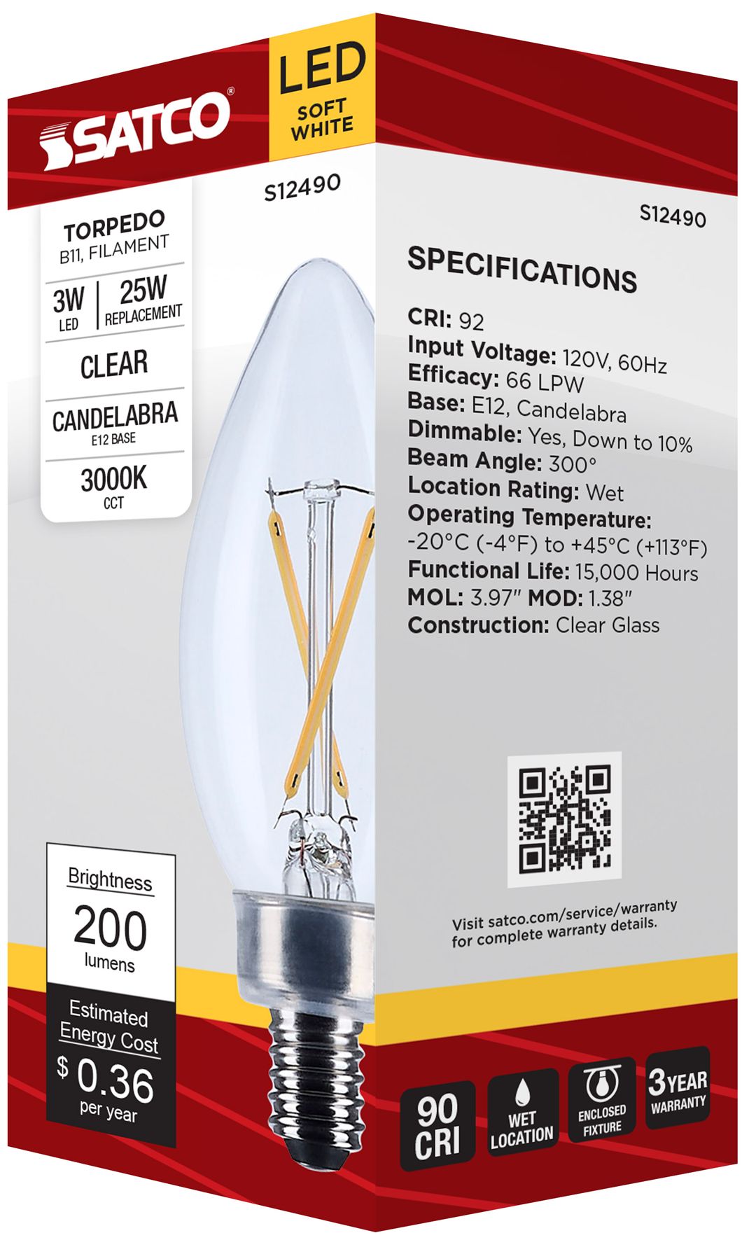 25W Equivalent 3W Dimmable LED Filament B11 Bulb by Satco