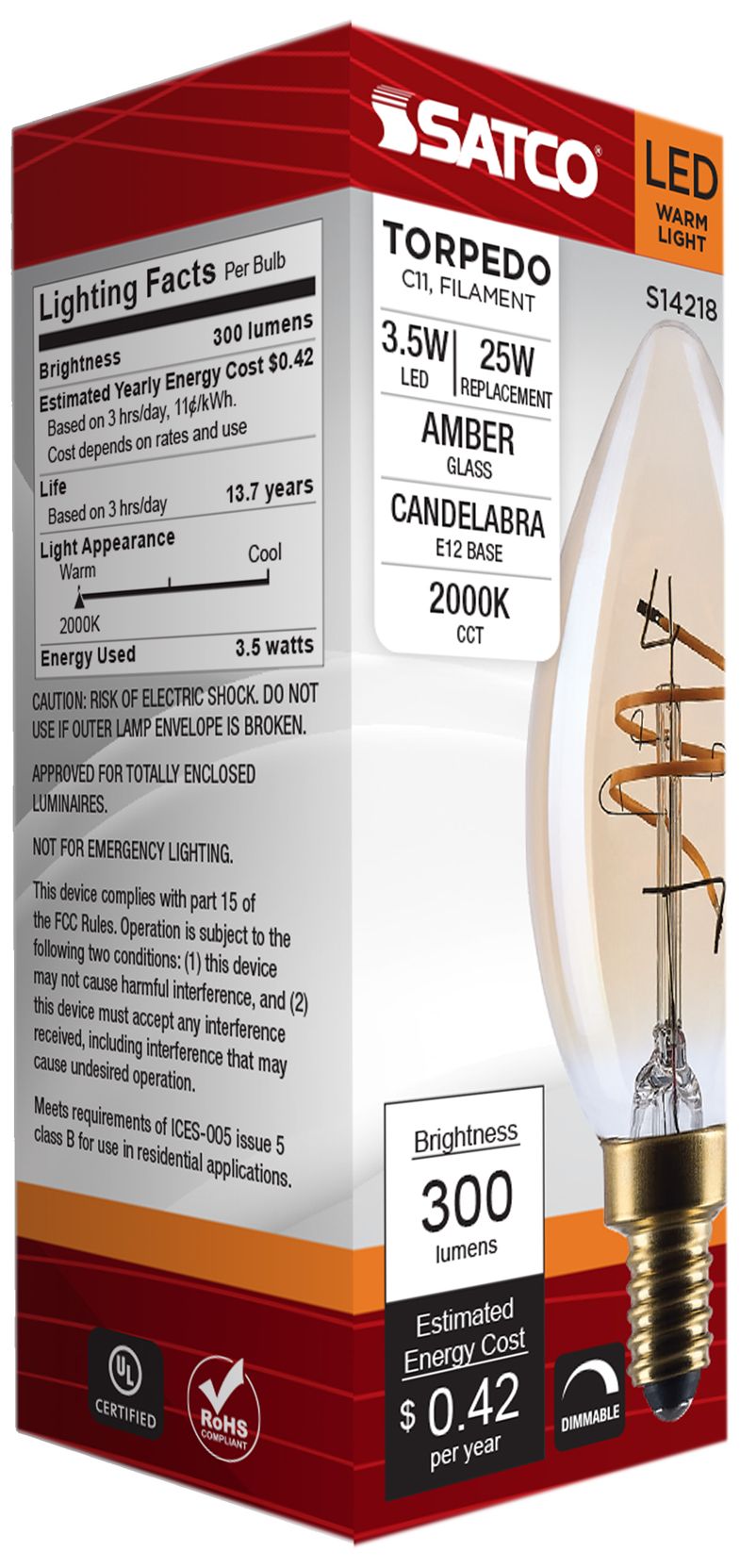 25W Equivalent Satco 3.5W 2000K Amber Glass LED Candelabra C11 Bulb