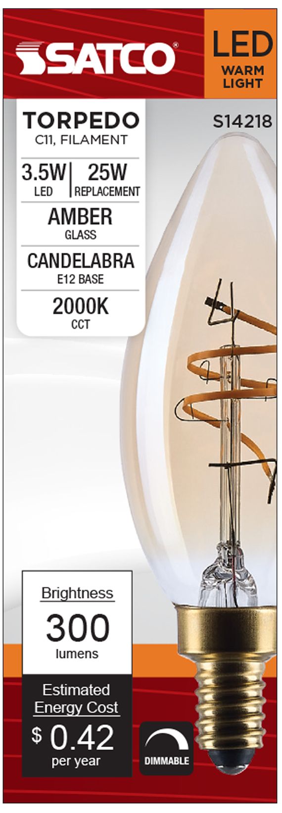 Image 5 25W Equivalent Satco 3.5W 2000K Amber Glass LED Candelabra C11 Bulb more views