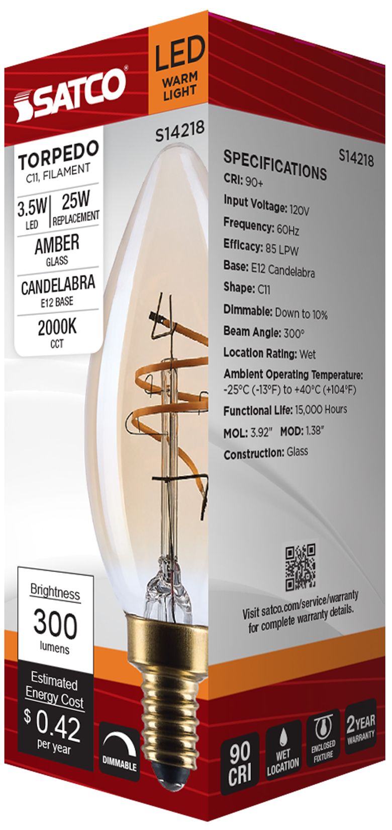 25W Equivalent Satco 3.5W 2000K Amber Glass LED Candelabra C11 Bulb