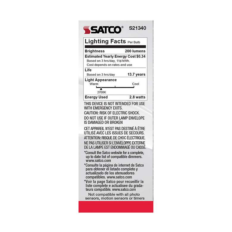 Image 6 25W Equivalent Satco Clear 2.8W LED Dimmable Candelabra Bulb more views